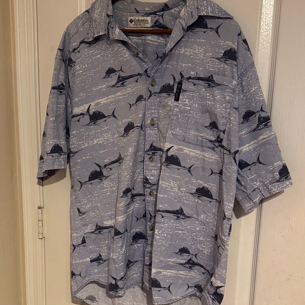 Vintage Columbia Men's Blue Marlin Fish Pattern Shirt-Medium